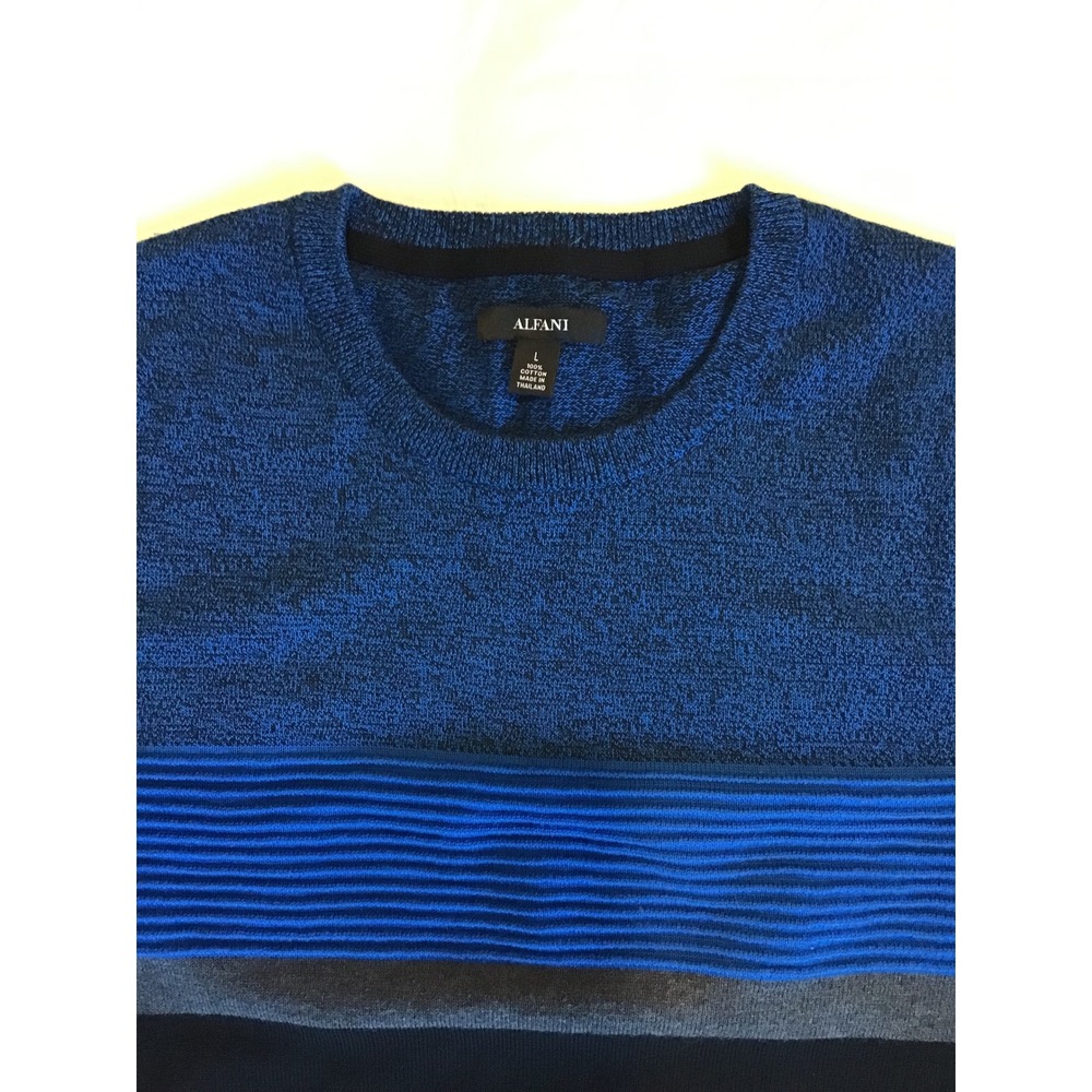 Alfani Mens Colorblock Textured Stripe Cotton Crewneck Sweater Blue Black Large - Picture 2 of 3